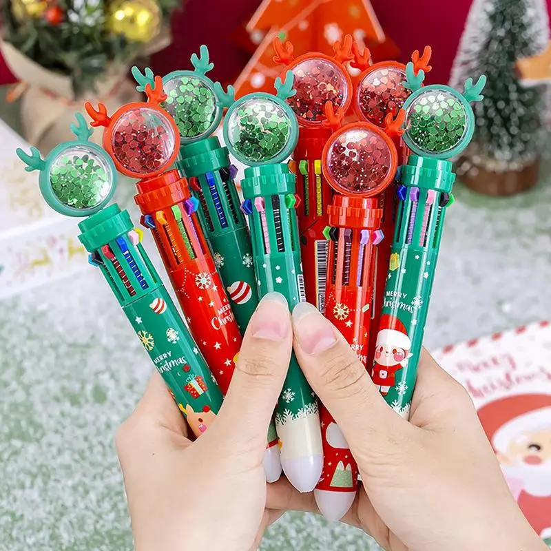 1PC Christmas 10-color Ballpoint Pen Student Press-type Color Pen Santa Claus Presses The Ballpoint Pen 0.5mm School Stationery