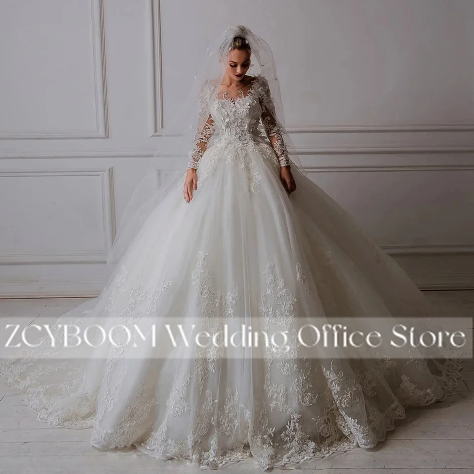 Arabische Luxus O-Ausschnitt Tüll Applikationen Illusion Langarm Brautkleider 2026 Elegante Prinzessin Brautkleider Vestidos De Novia – Detail 3