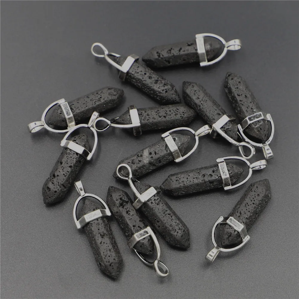 Natural Gems Volcanic Stone Pillar Point Black Pendants Necklace for Making Wonder Women Designer Charms Jewelry Trendy 24pcs