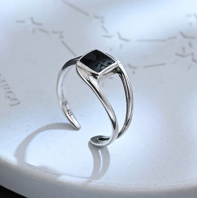 Bague Girlbible en argent sterling 925 pour femme, couple, minimaliste, faite à la main, rétro, avec pierre noire, bijoux de fête, cadeau, anti-allergie