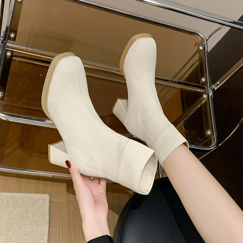 Aphixta Solid Color Sexy Women Ankle Boot 7cm High Heels Modern Sock Boots Shoes Woman Boats botines para mujeres Big Size 42