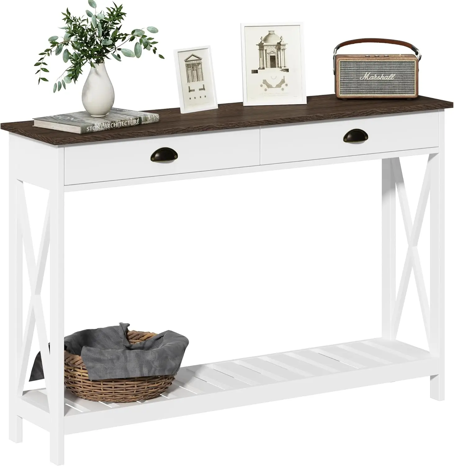 Farmhouse Console Table with Drawer for Entryway Narrow Long Entry Table with Shelf for Living Room, Rustic Vintage Hallway Sofa