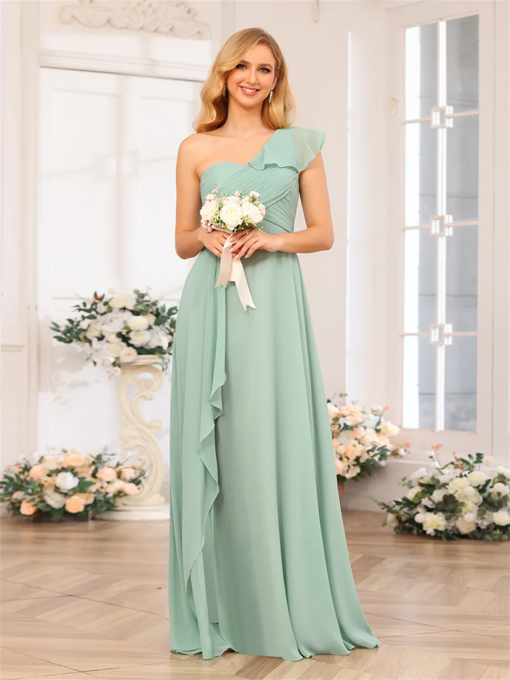 

One Shoulder Ruffles Chiffon Bridesmaid Dresses With Split Side Pleated Corset Sleeveless Formal Prom Dress A-line Evening Gowns