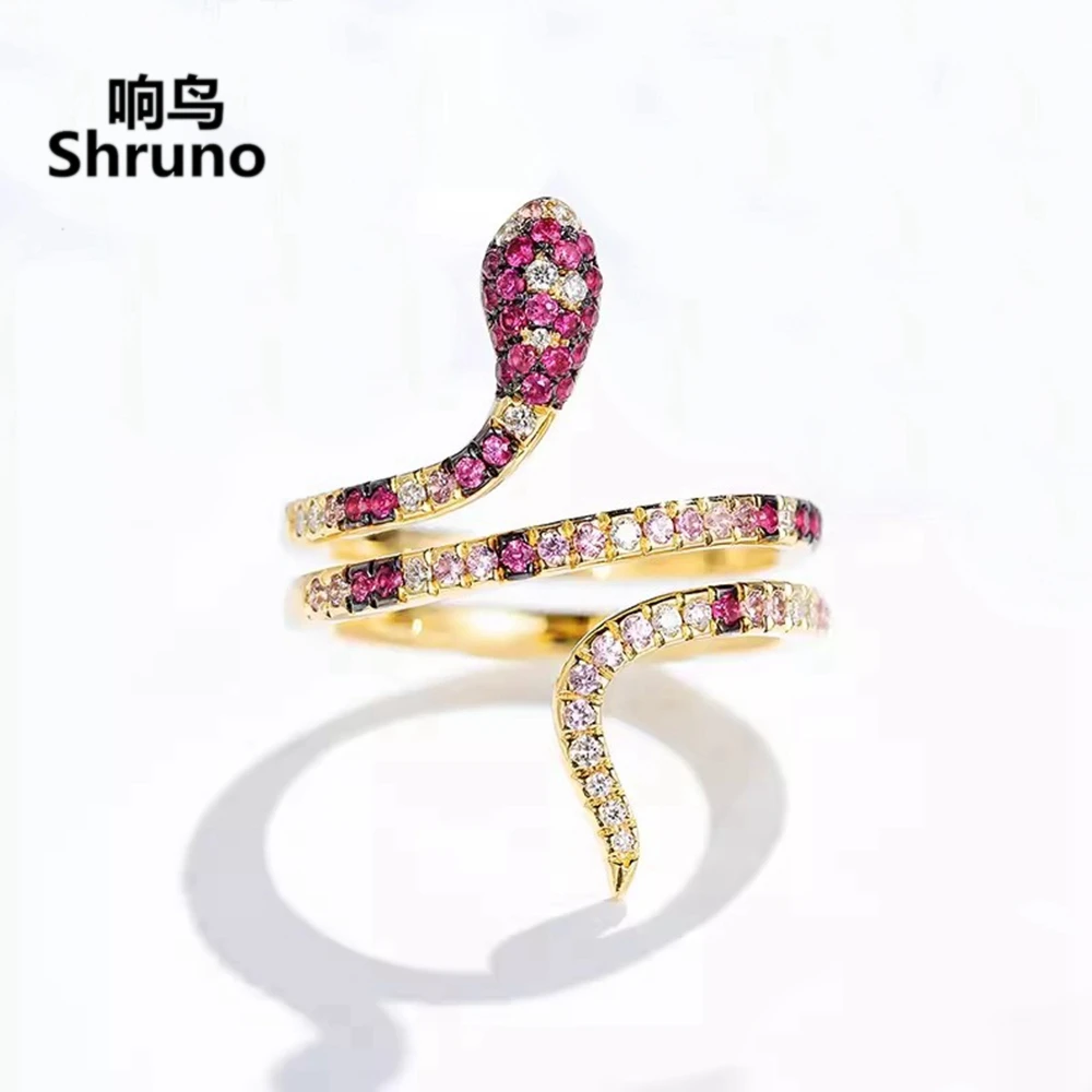 

Shruno Solid 14k Yellow Gold Snake Gemstone Ring Personality Pink Sapphire Diamonds Women Band Ring Exquisite Trendy Jewelry