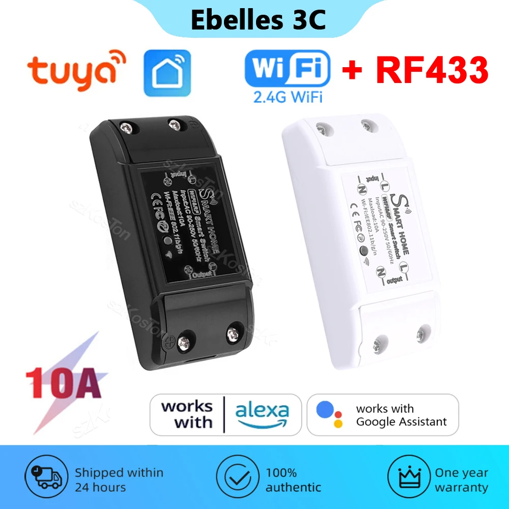 Tuya RF433 Wifi Switch 10A Smart Home Relay RF433 Receiver Smart Switch Module Smart Life APP DIY Timer Voice for Alexa Google