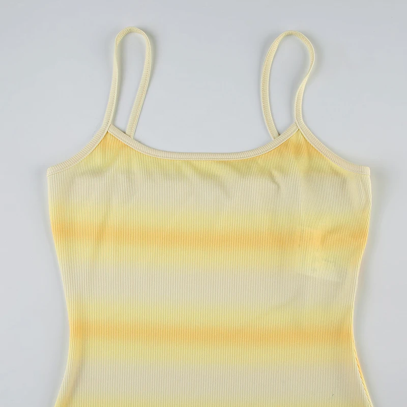 Yellow Gradient Stripe Slim Elegant Spaghetti Straps Long Dresses Women Split Side Sexy Rib Knit Beach Boho Vacation Outfits