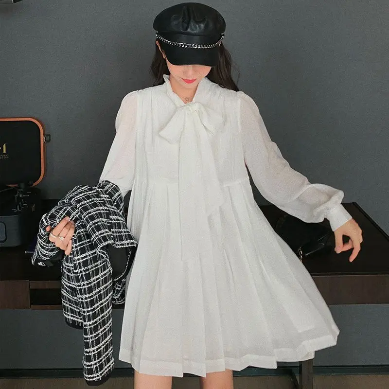 Large size long sleeve dress 2024 spring new women's Korean style loose preppy style casual pleated dress shirt dress fashion