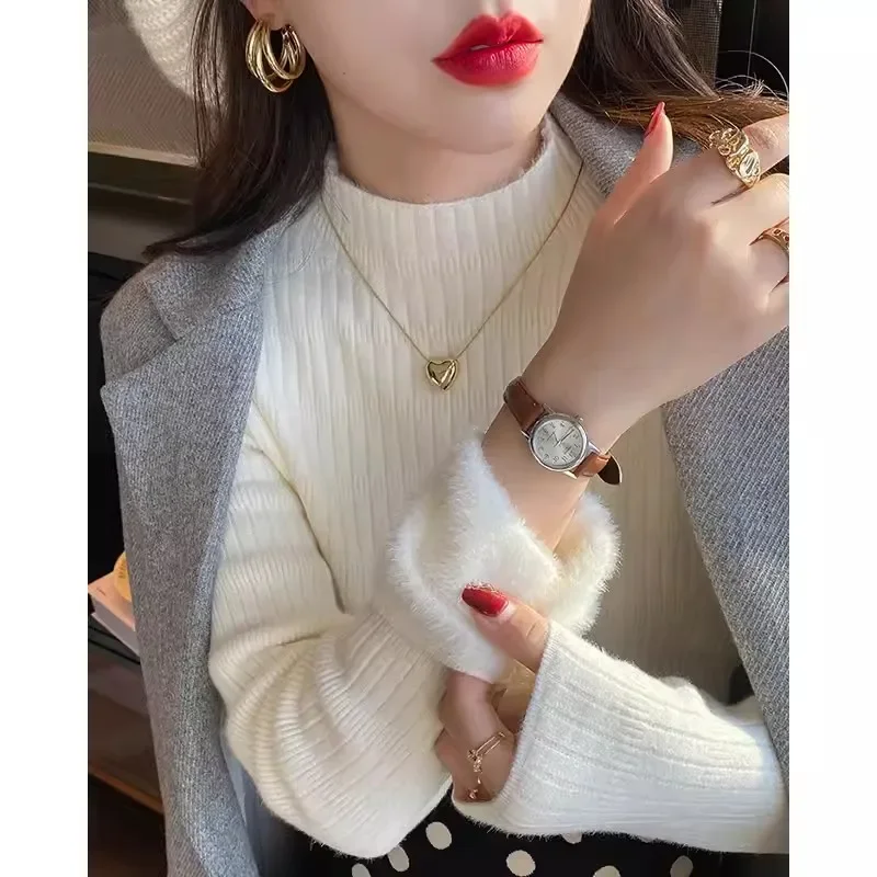Solid Color Autumn and Winter Semi-turtleneck Women's Long Sleeve Sweater Fashion Pullover Knitwear Integrated Fleece Base Layer