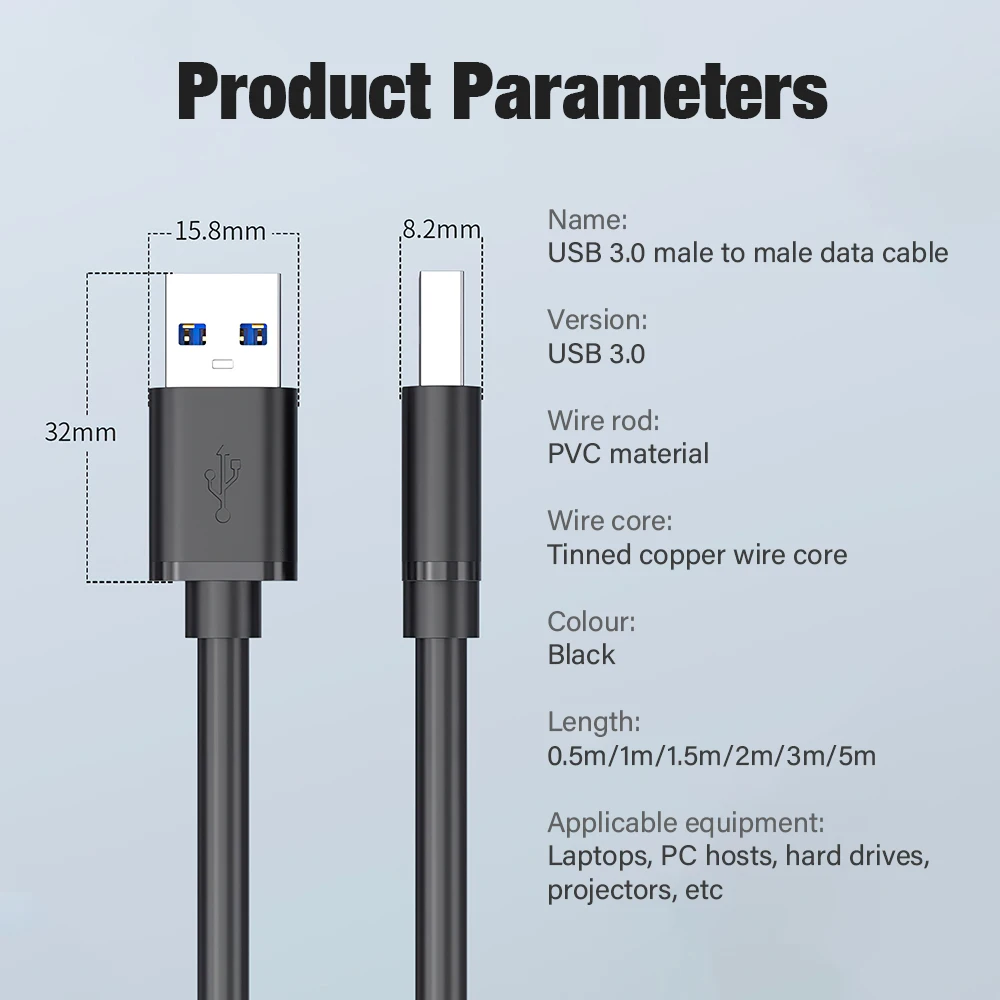 High-Speed USB 3.0 Male-to-Male Extension Cable - Data Transfer Extender Cord, Available in 2M, 3M, and 5M Lengths