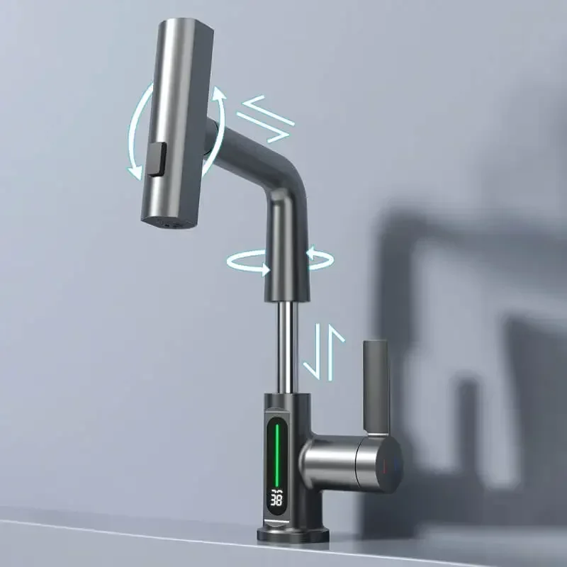 Waterfall Temperature Digital Display Basin Faucet Lift Up Down Stream Sprayer Hot Cold Water Sink Mixer Wash Tap Bathroom