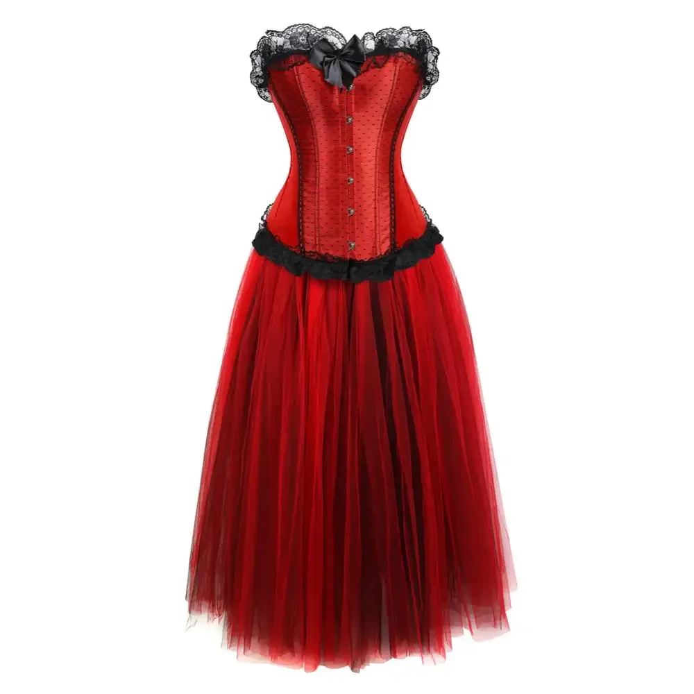 

Goth Corset Gowns Pirate Woman Corsets Skirt Steampunk Ribbon Lace Bustiers with Long Princess Mesh Tulle Wedding Party Costumes