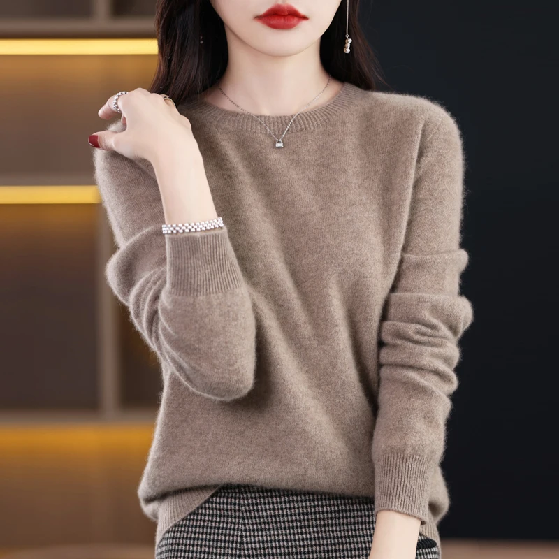 100% Pure Wool Women's Sweater O-Neck Knitted Pullover Cashmere Long Sleeve Underlay Korean Fit Fashion Women's Top 5