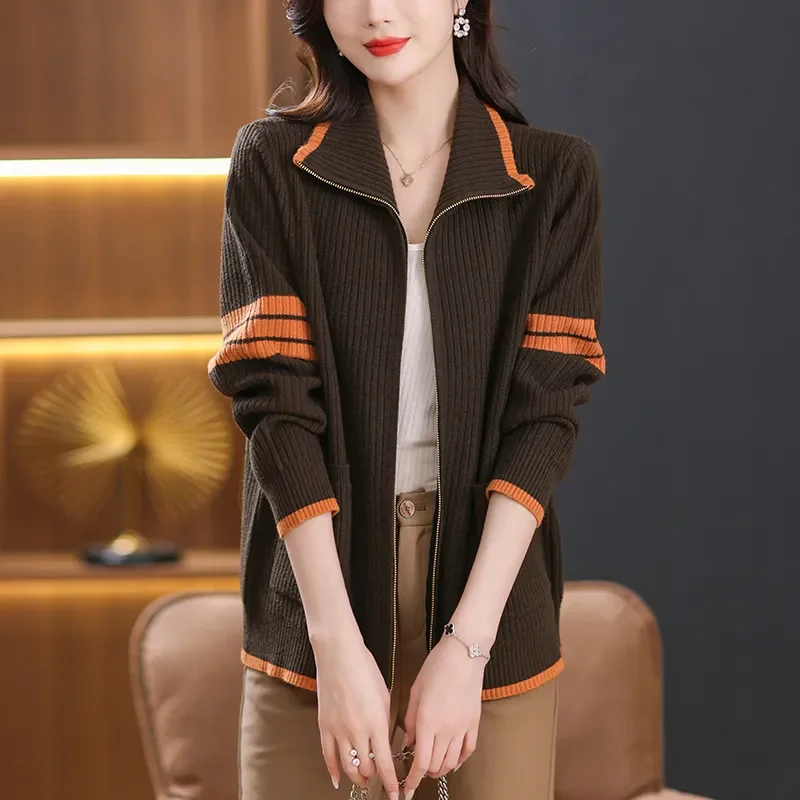 

Autumn Women's Knitted Sweater Cardigan Jacket 2023 New Lapel Zipper Sweater Coat Female Loose Knit Sweatshirt Outerwear Tops