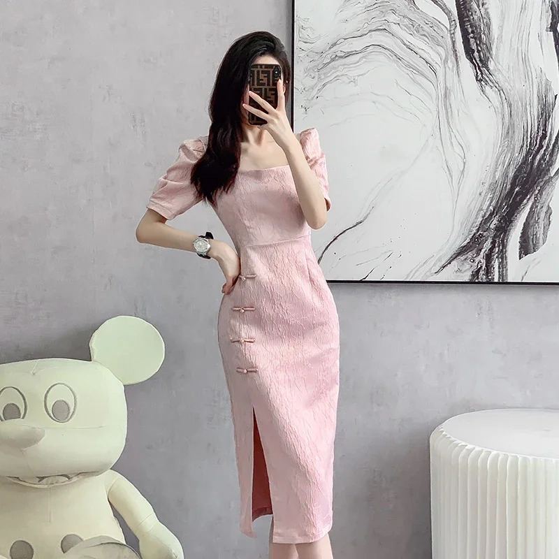 Ofallsis Pink Vintage Fashion Temperament Gentle Improved Cheongsam Dress Summer New Gentle Elegant Style Long Dresses