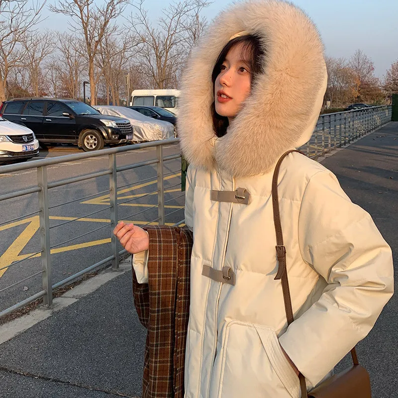 Down jacket women's mid length, knee length, large fur collar, thickened design, mesh red, and winter jacket trend