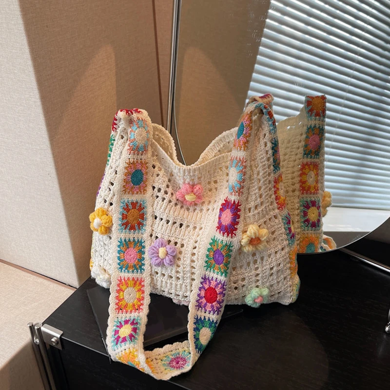 Women Cute Knitting Tote Bag Wear Resist Lovely Woven Shoulder Bag Stylish Knit Shoulder Bag Seaside Trip Shopping Beach Bag