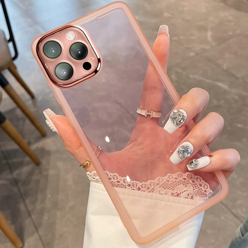 Clear Matte Frame Soft Silicone Case For iPhone 15 Mini 14 Max 12 11 13 Pro 8 Plus Camera Lens_voghion.com