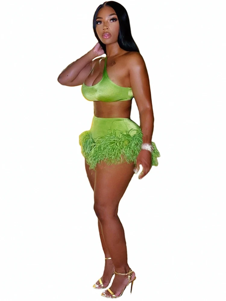 

Однотонный комплект из двух предметов с коротким топом и шортами с бахромой и перьями, летний женский сексуальный облегающий тренировочный костюм, праздвечерние чные наряды, накидка на купальник 2022