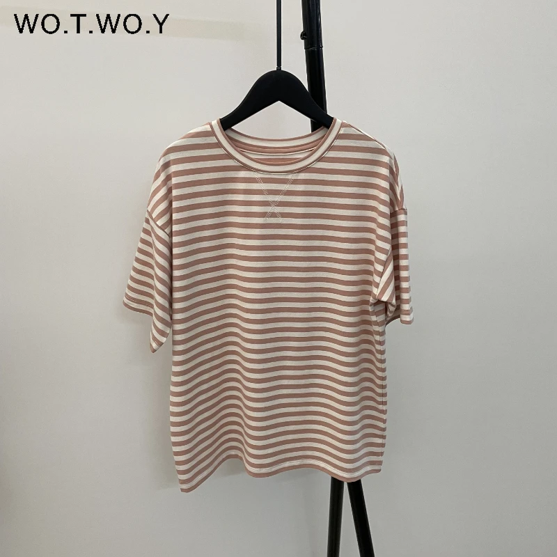 Yiyiyouni Knitted Basic Striped T-Shirts Women Summer Short Sleeve Casual Tops Female Cozy Loose Cotton Tees 2022 Harajuku Shirt tee shirts
