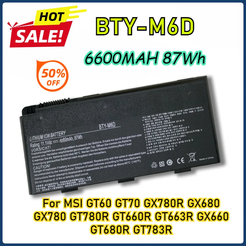 6600mAh Large Capacity BTY-M6D Laptop Battery for MSI GT60 GT70 GX780R GX680 GX780 GT780R GT660R GT663R GX660 GT680R GT783R