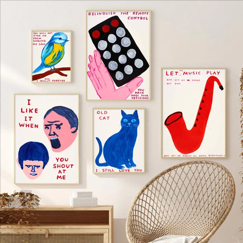 David Shrigley Noodles Bird Cat Elephant Flame Wall Art Nordic Poster Prints Canvas Painting Wall Pictures Living Room Decor