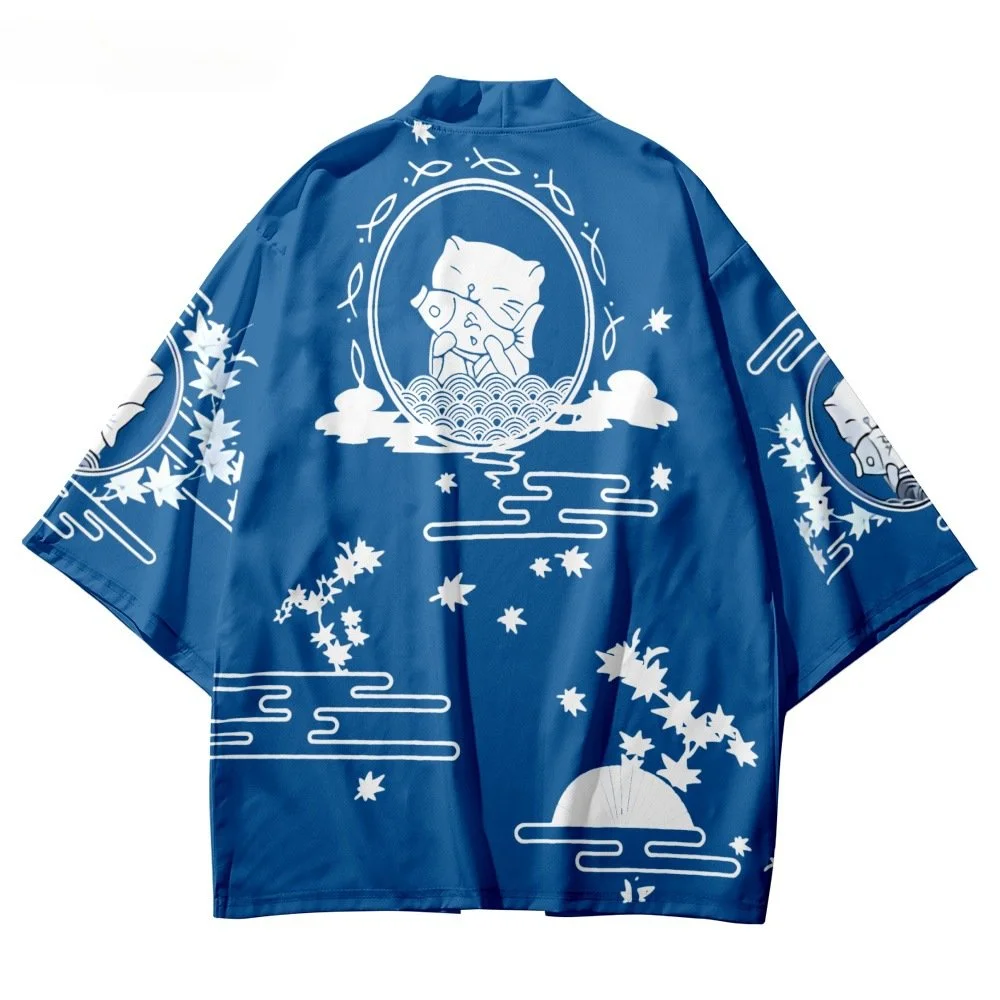 Summer Beach Casual Oversized Cardigan Blue Haori Women's Traditional Clothing Japanese Cat Printing Kimono Men Tops 5XL 6XL