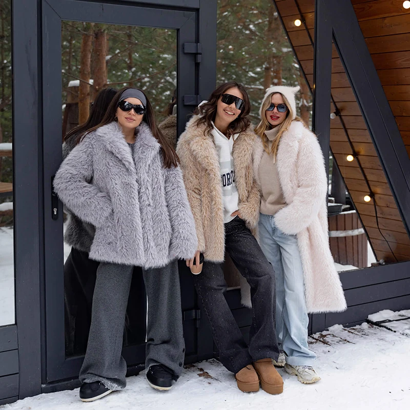 Winter Exclusive Lapel Collar Long Teddy Jacket Coat Women Chic Brand Fashion Cozy Padded Faux Fur Coats Outerwear