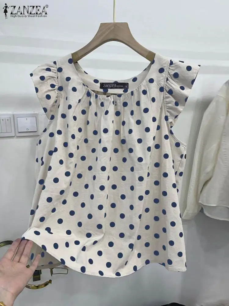 ZANZEA 여성용 민소매 티, 폴카 도트 데일리 2024, 여름 탱크 러플 슬리브, O넥, 우아한 캐주얼 블라우스, 한국 패션 