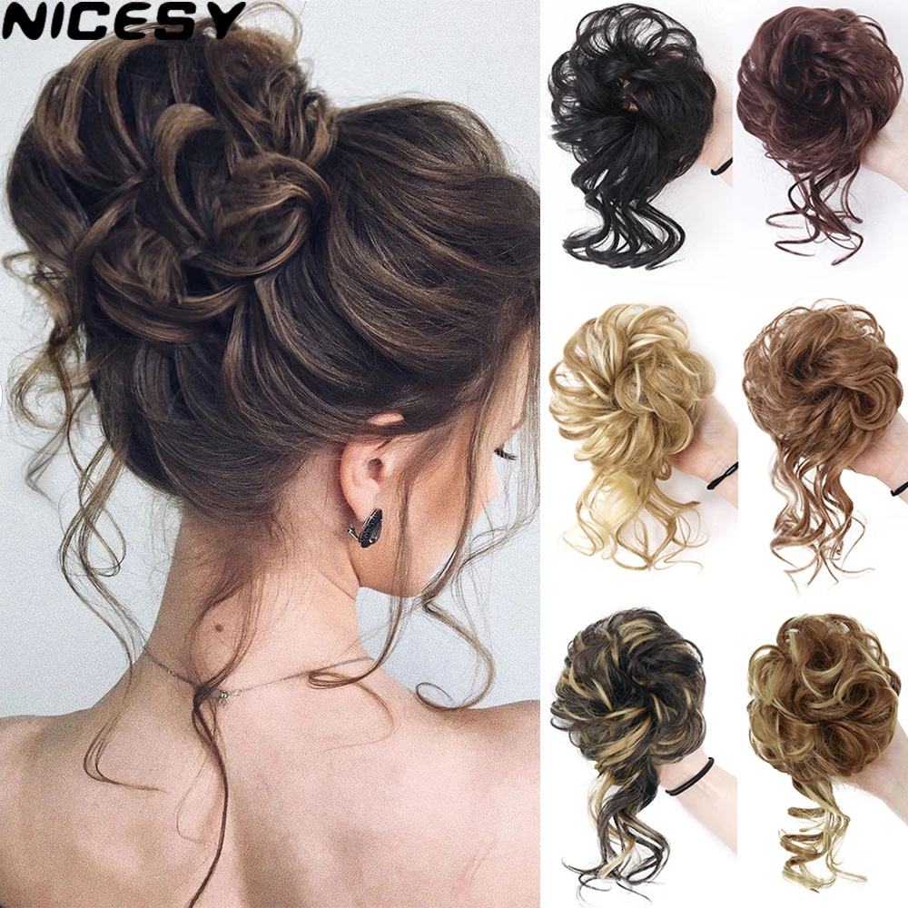 NICESY Messy Hair Bun Synthetic Chignon Rubber Band False Hair Elastic Band Hair Ring For Women Black Brown Mixed Colors Gold 50 pieces 6x9cm mixed white brown black gift ring keychain cards jewelry display storage holder packing wholesale supply