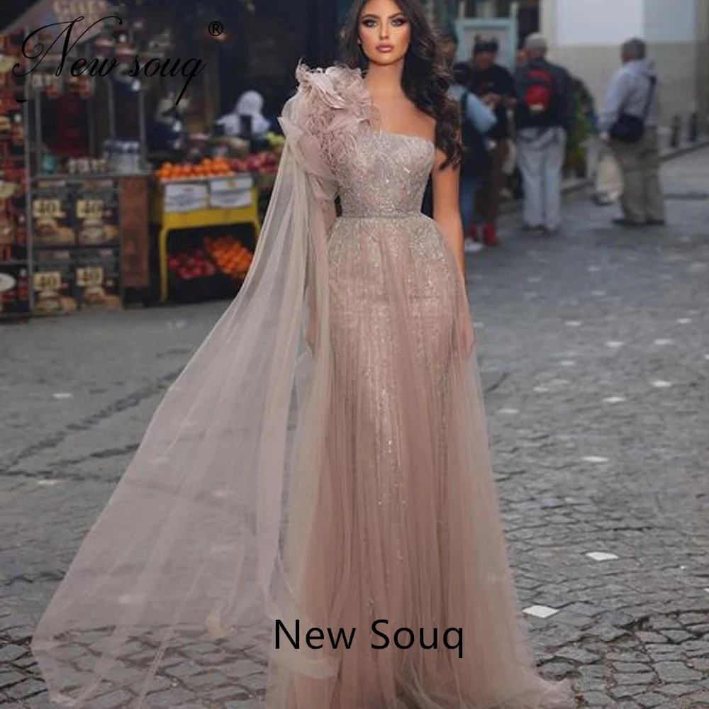

Luxury Pink One Shoulder Evening Dresses Beaded Crystal Long Prom Gowns Dubai Couture Women Wedding Party Dresses 2023 Vestidos