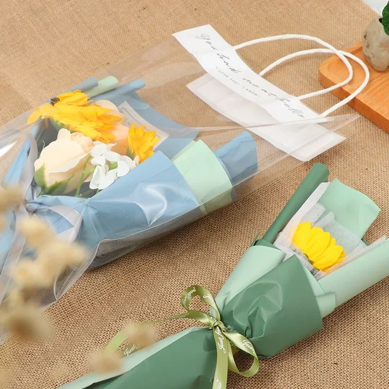 Transparent PVC Flower Bouquet Bag Flower Packing Box Handles Reusable Wrapping Bags For Birthday Wedding Valentines