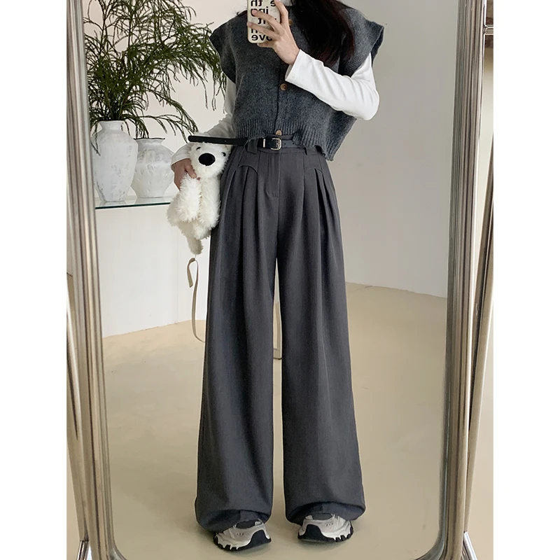 2024 Loose Personalized Elastic Waist Suit Pants Casual Pants Women's Wide Leg Pants High Waist Drape Floor-Mopping Pa