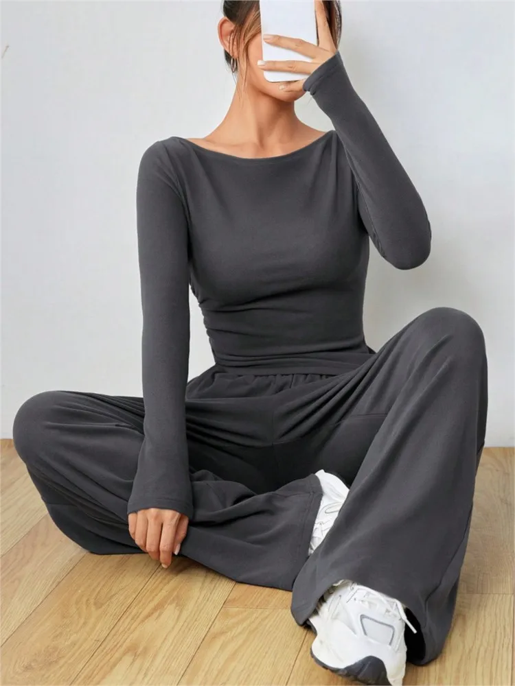 Casual Women's Clothes Yoga Sport Set Women's Two-Piece Wide-Leg Pants Set Soft Tracksuit Suit Fashion Irregularitie Suit?2-Pcs
