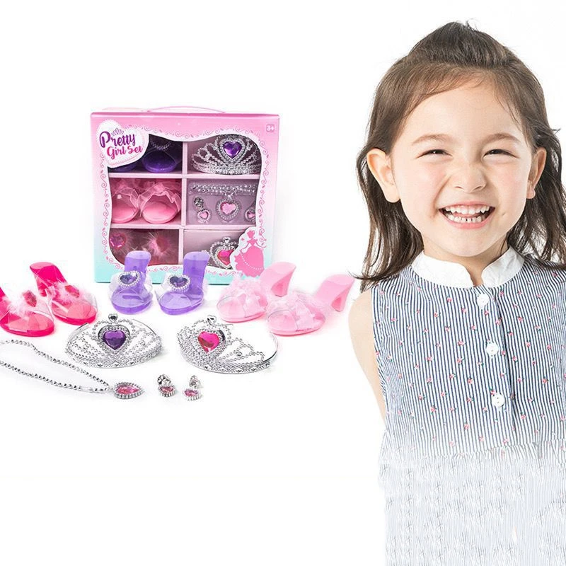Girls Princess Dress Up Pretend play Jewelry Toys Set Of Princess Crystal Shoes Crown Bracelet Necklaces Role Play for Kids