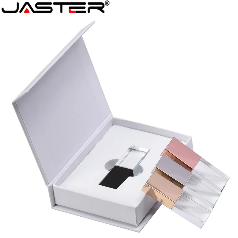 

White Paper Box + Crystal USB Flash Drive 64GB Free Custom LOGO Pen Drives 32GB Wedding Gifts Memory Stick 16GB U Disk 8GB 4GB