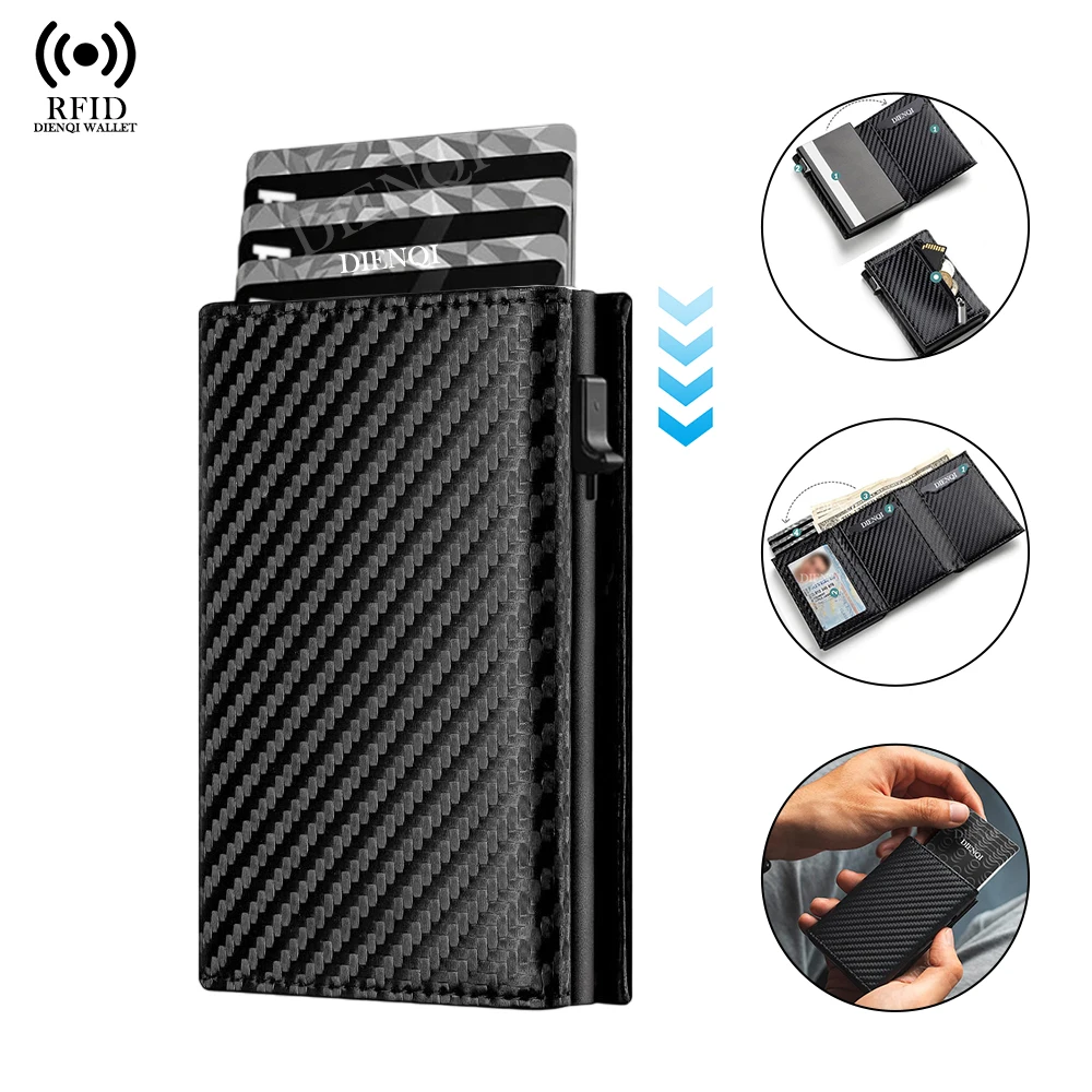 Rfid Smart Wallet Mens Credit Card Holder Pop Up Metal Case Coin Purese Bank Id Cardholder Man PU Leather Slim Wallets for Men