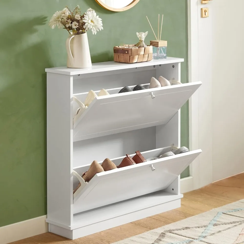 Shoe Cabinet with 2 Flip-Drawers, Freestanding Rack, Narrow Organiazer, Freestanding Rack, White