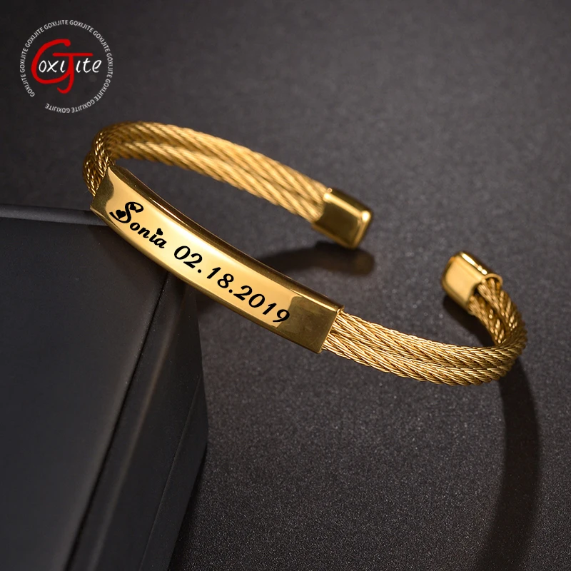 

Goxijite Stainless Steel Gold Plated Adjusable Bracelet For Women Laser Engraved Name Number 8mm Width Bangle Jewelry Party Gift