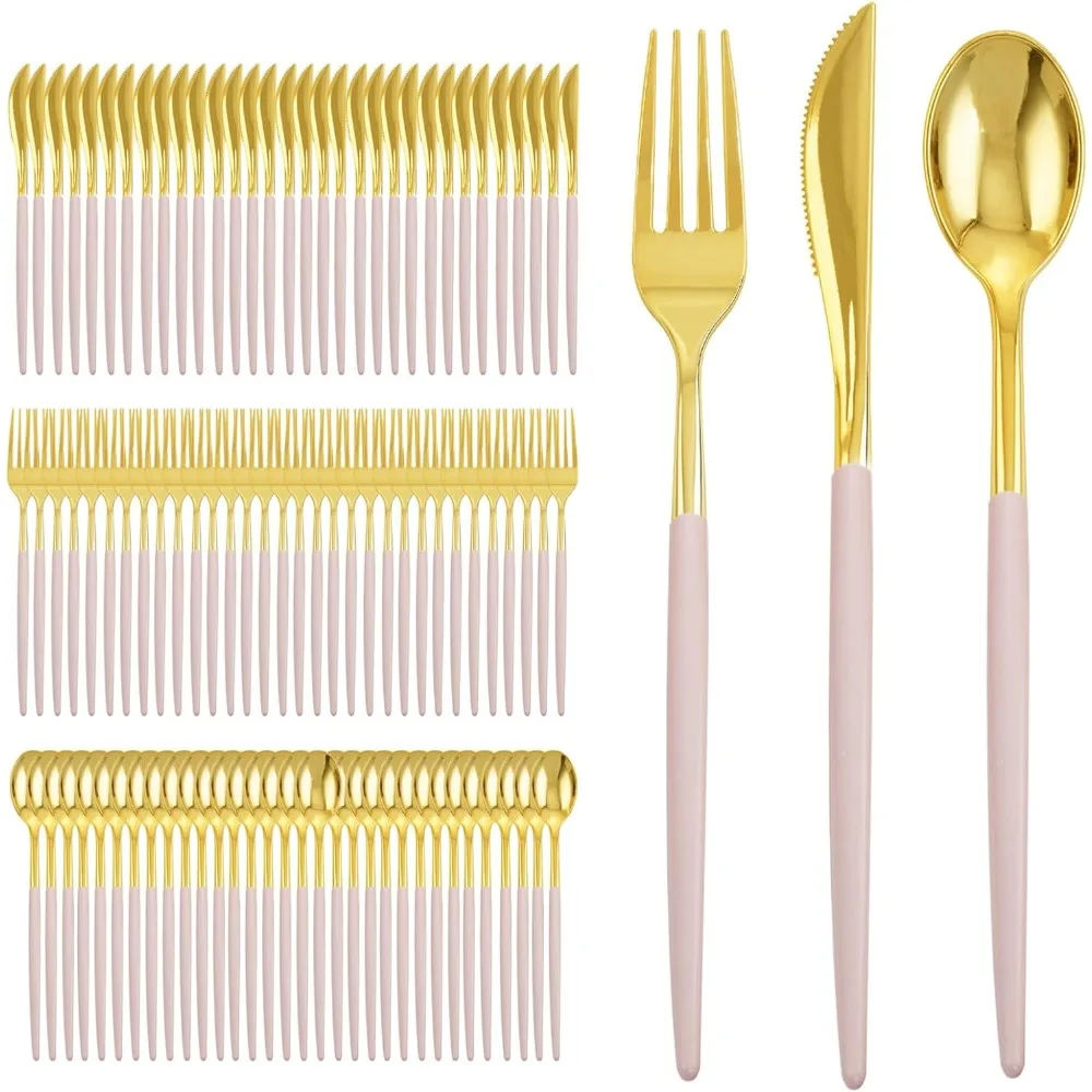 I00000 300 Pack Gold Plastic Silverware with Pink Handle, Pink Plastic Silverware Set, Kitchen Utensils- 100 Forks, 100 Kni