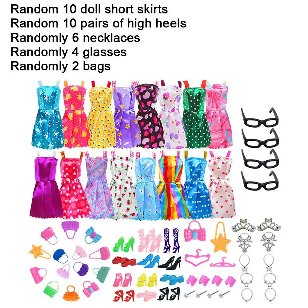 35종/세트 인형 액세서리 10가지 믹스 패션 귀여운 드레스 10켤레 신발 4개 안경 6개 목걸이 2개 핸드백 3개 왕관 바비 인형용 드레스업 세트