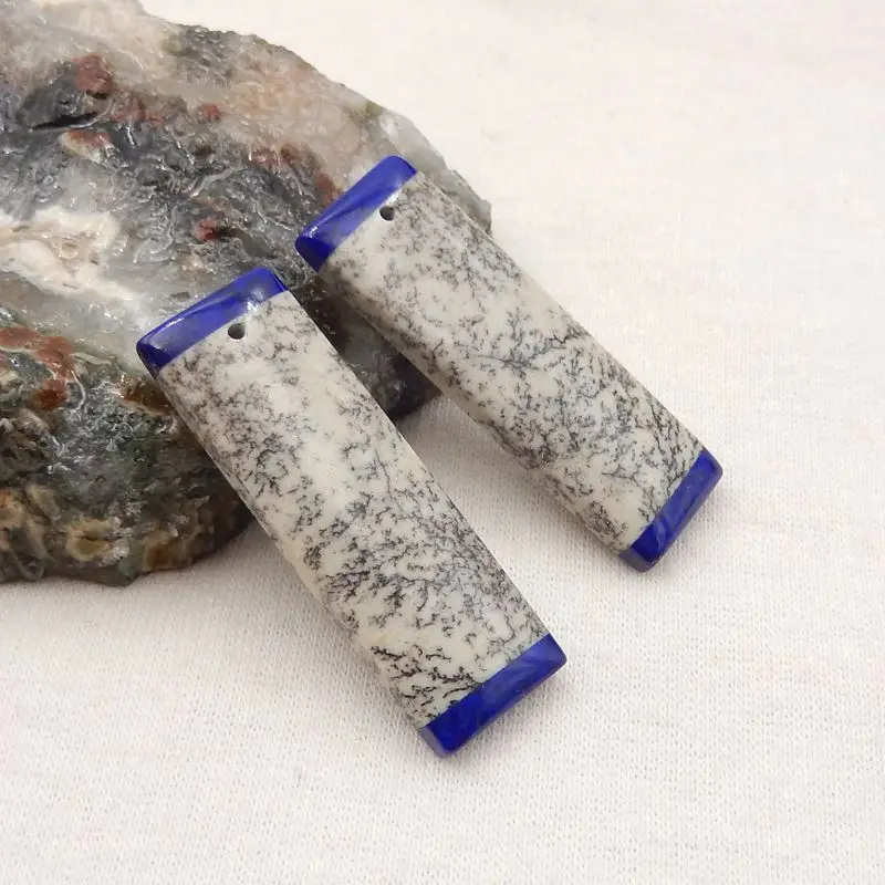 Natural Stone Sapling Jasper And Lapis Lazuli Intarsia Earrings Accessories For Women DIY Jewelry Making 35x11x5mm 9g