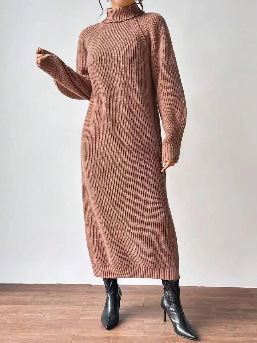 2025 New Winter Knit Dresses Women Turtleneck Straight Long Dress Autumn Solid Full Sleeve Thick Casual Vestidos Basis Lady 5