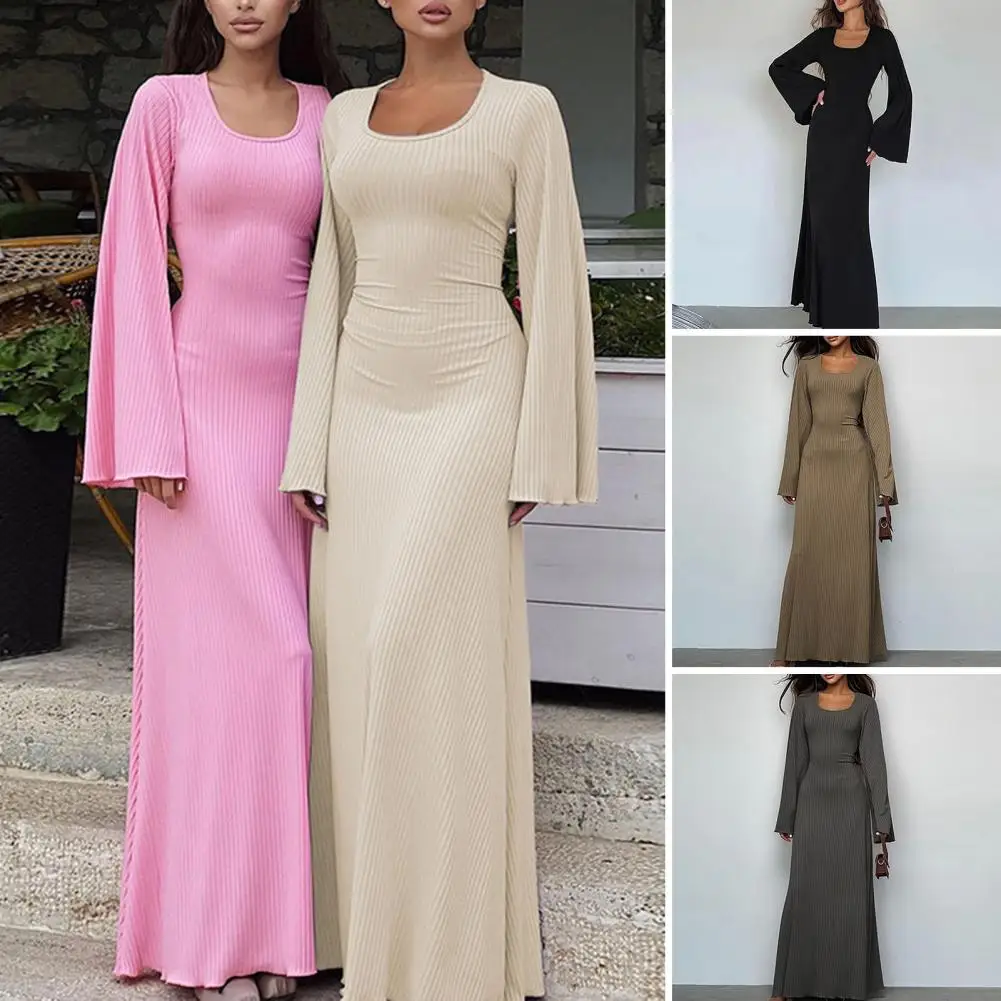 

Solid Color A-line Dress Elegant U Neck Long Sleeve Maxi Dress with Slim Fit A-line Design Lace Up Back Strap for Women Solid