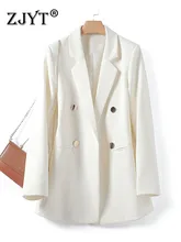 

ZJYT Spring Autumn Chic Office Lady Double Breasted Notched Blazer for Women Elegant Stylish White Black Jacket and Coat Female