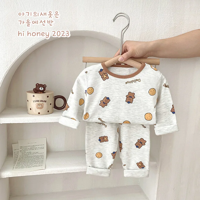 New Korean Children's Home Clothes Suit Soft Pure Cotton Autumn Pants Cartoon Full Printed Pajamas Baby Cute Sleepwear 2pcs