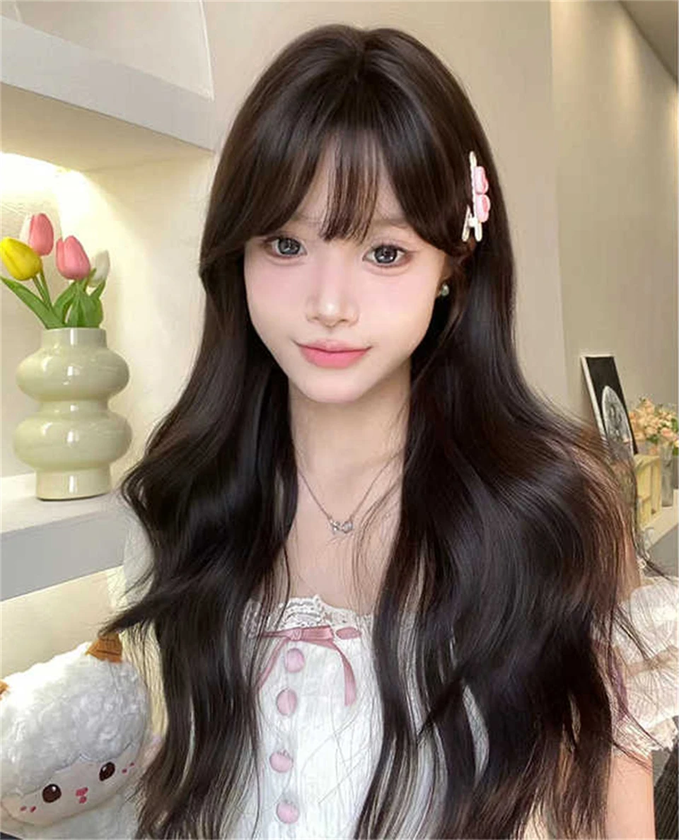 Synthetic Brown Long Deep Wave Wig For Women With Bangs