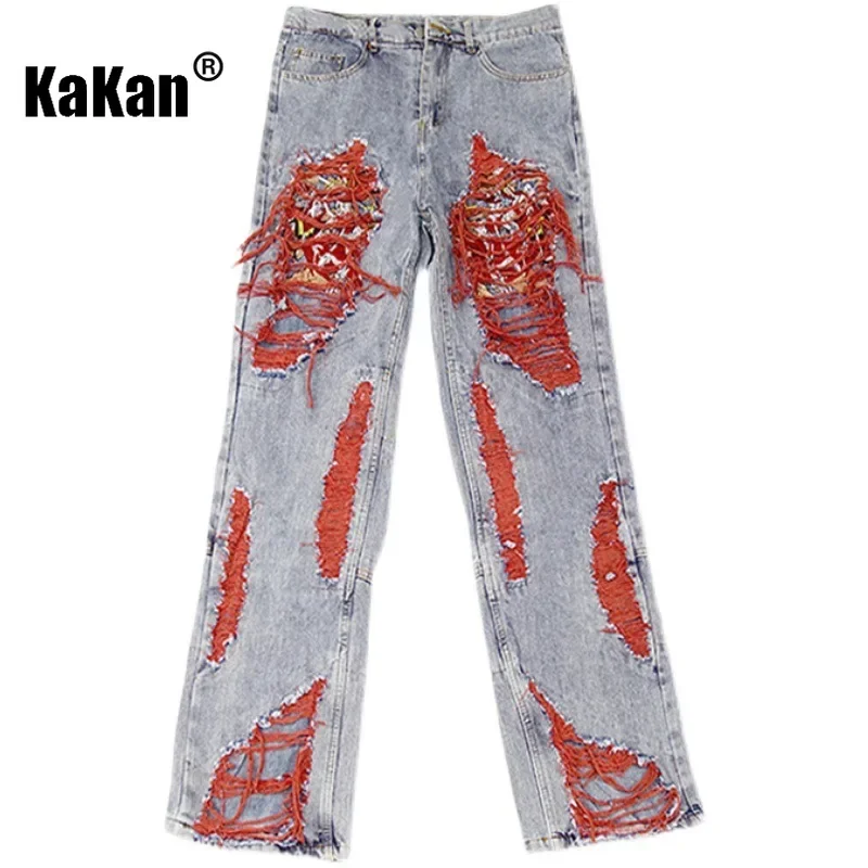 Kakan - New European and American Hip-hop Ripped and Brushed Jeans for Menheavy Embroidered Loose Straight Length Jeans 27-90B17