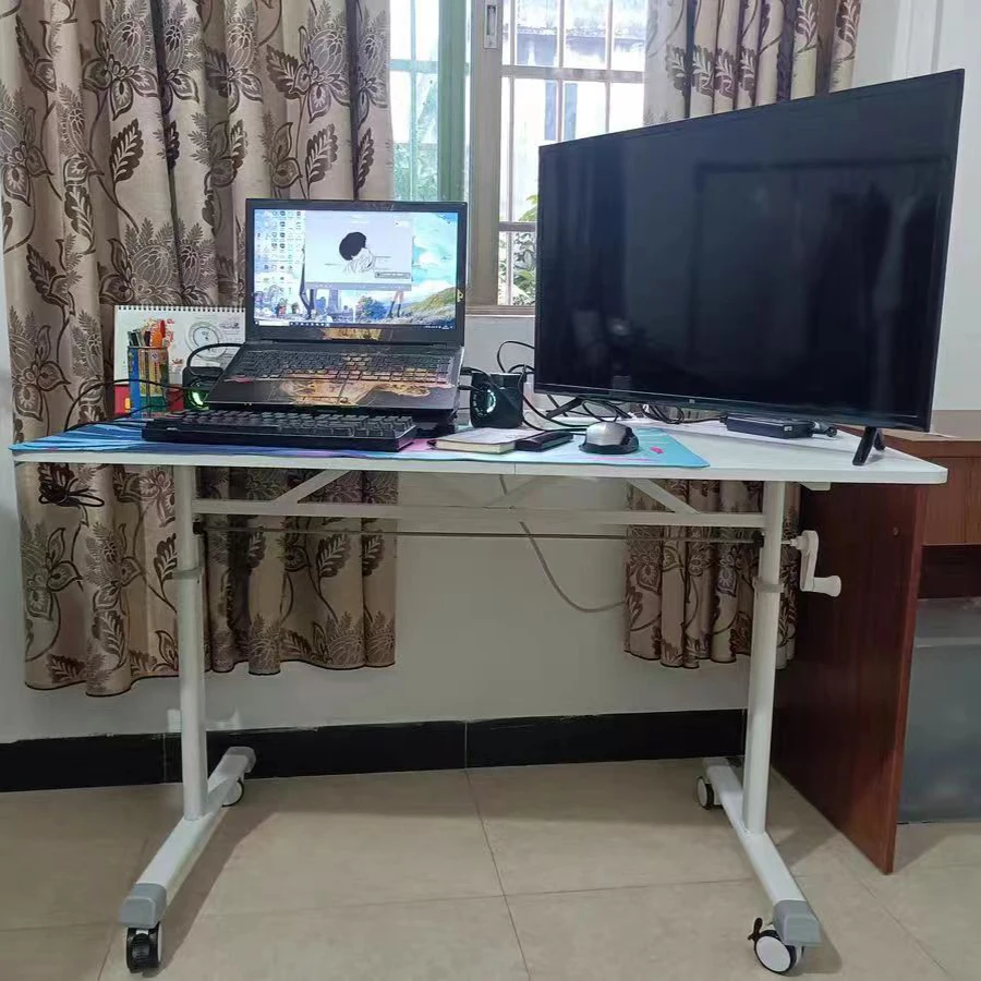 Hand Cranked Adjustable Computer Desk, Mobile Lifting, Study Table, Living Room Gaming , Writing Desk with Wheels, Home PC Desk