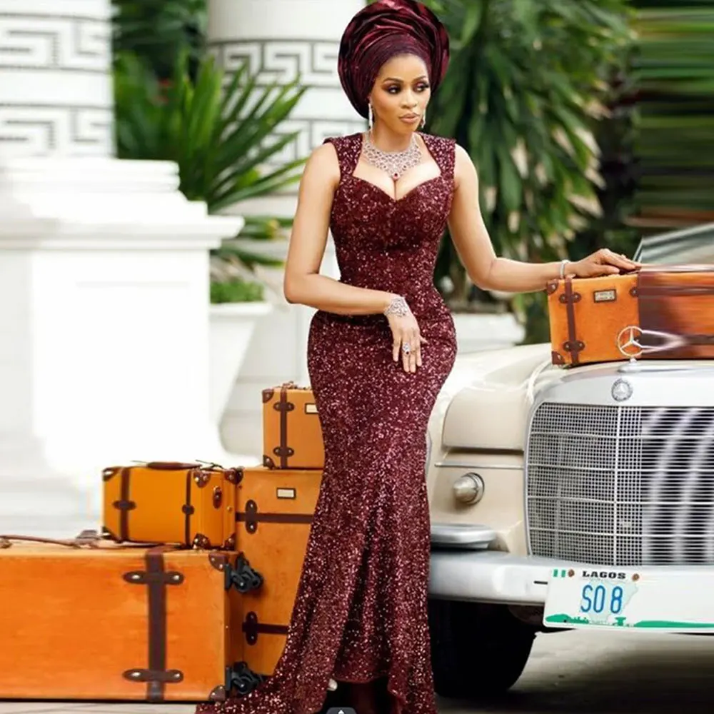 

Женское вечернее платье-русалка, Бордовое платье с блестками, без рукавов, для выпускного вечера, 2024