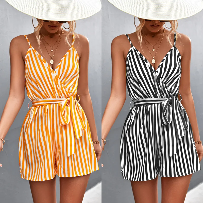 Women Stripe Short Jumpsuit 2023 Summer New Fashion Sexy V-Neck Sleeveless Romper Shorts Playsuit Female Outfit